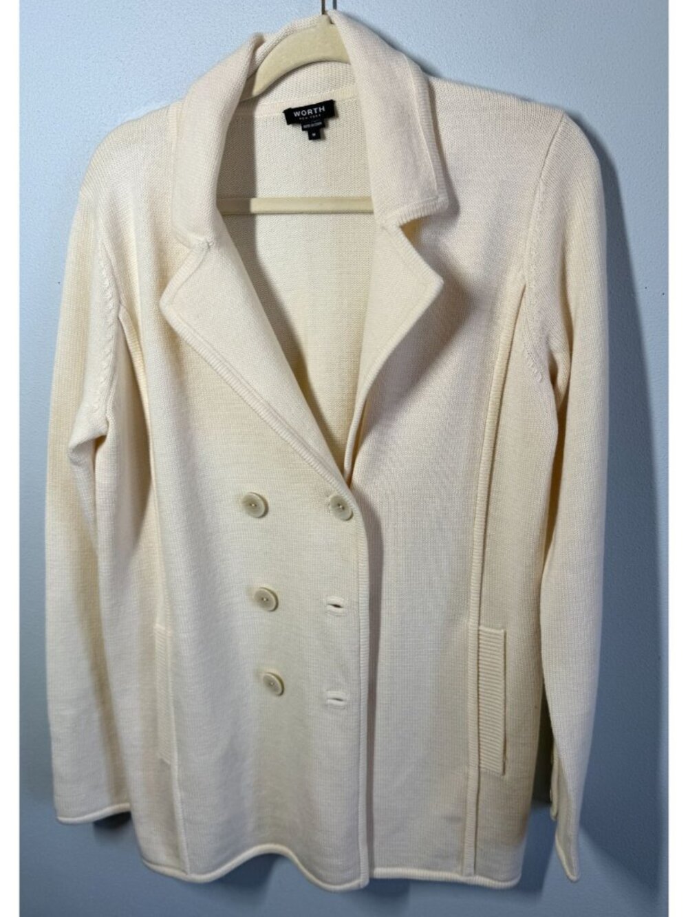 WORTH Womens M 100% Wool Cream Blazer Sweater Jacket Double Breasted Coat Classi